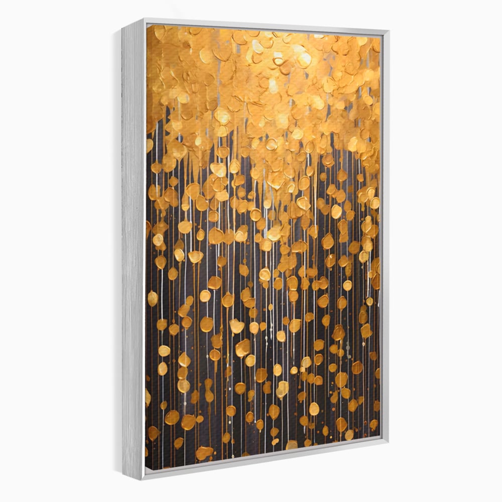 Tablou canvas cu pictura abstracta cu picaturi aurii, in rama de aluminiu argintiu